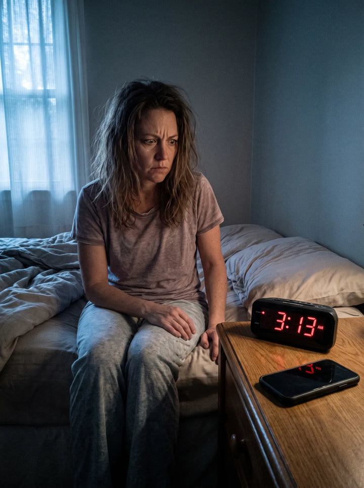 A tired woman awake beside a clock reading 3:13am
