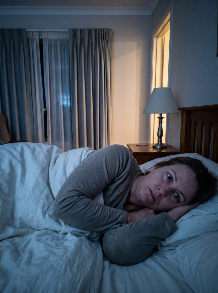 A light sleeper lying awake in bed during the night