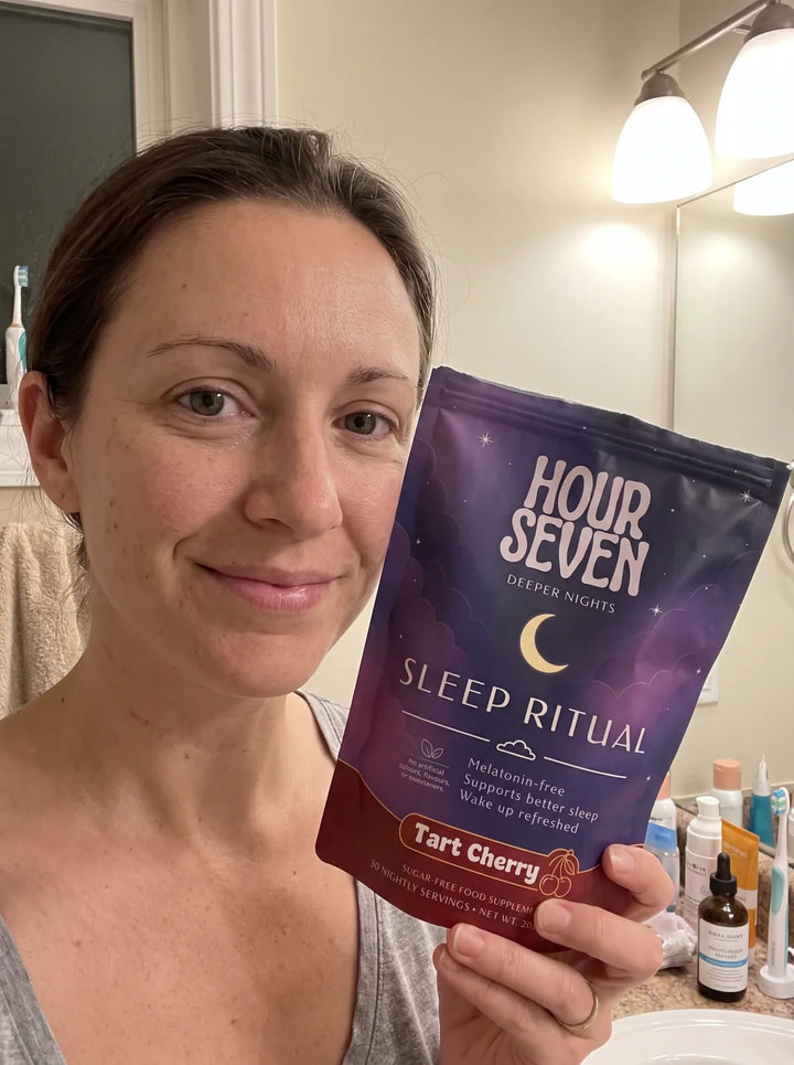 A customer holding a pouch of Hour Seven Sleep Ritual