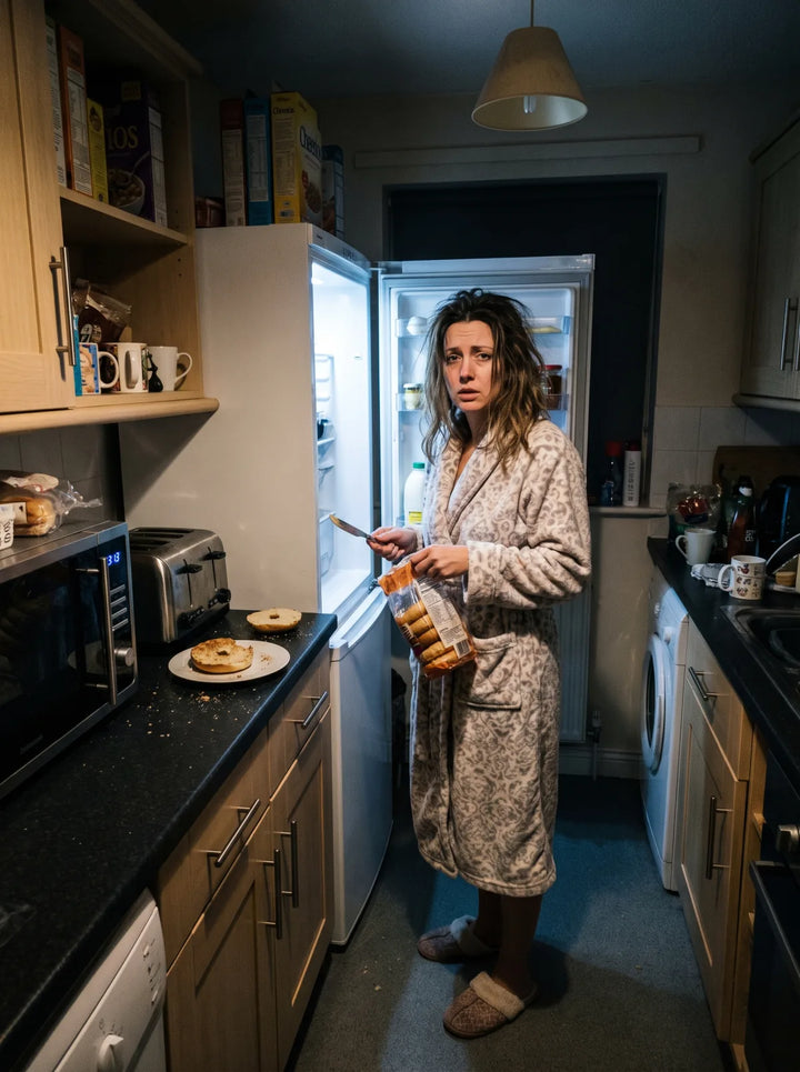 A woman in a dressing gown making a bagel beside an open refrigerator at night
