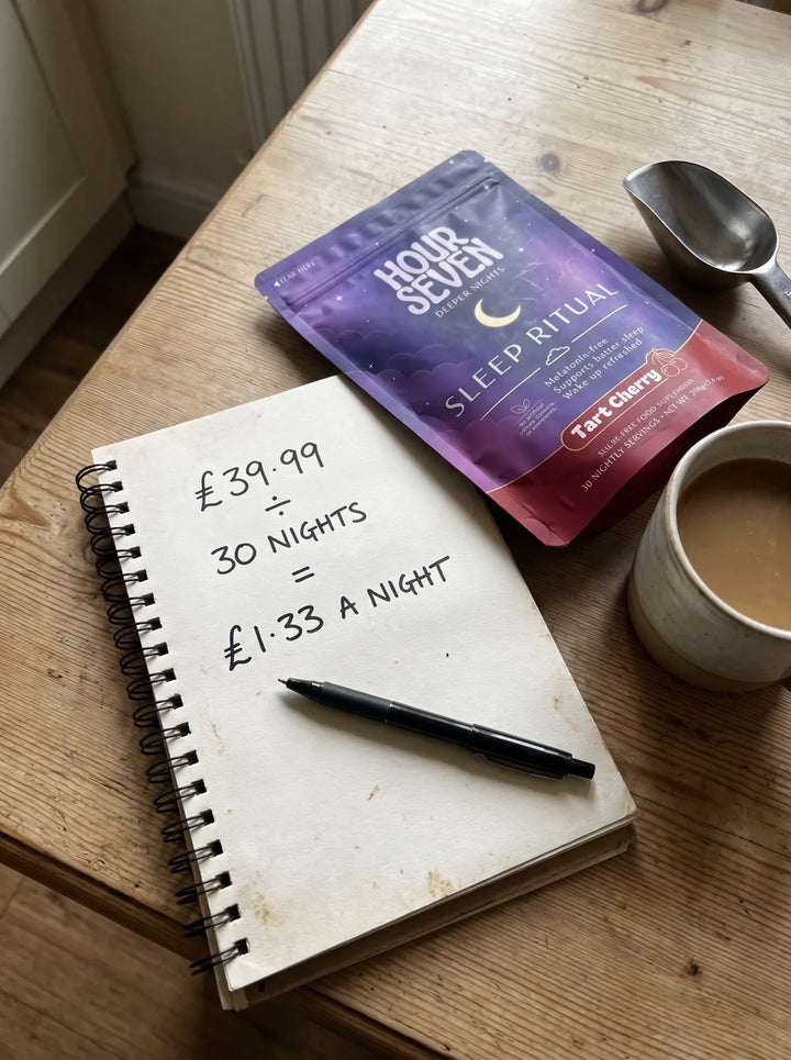 A notebook showing the £39.99 pouch price calculated as £1.33 per night