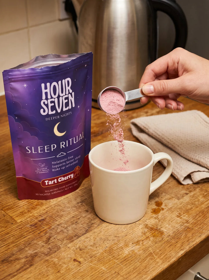 One measured scoop of Hour Seven Sleep Ritual being added to a mug