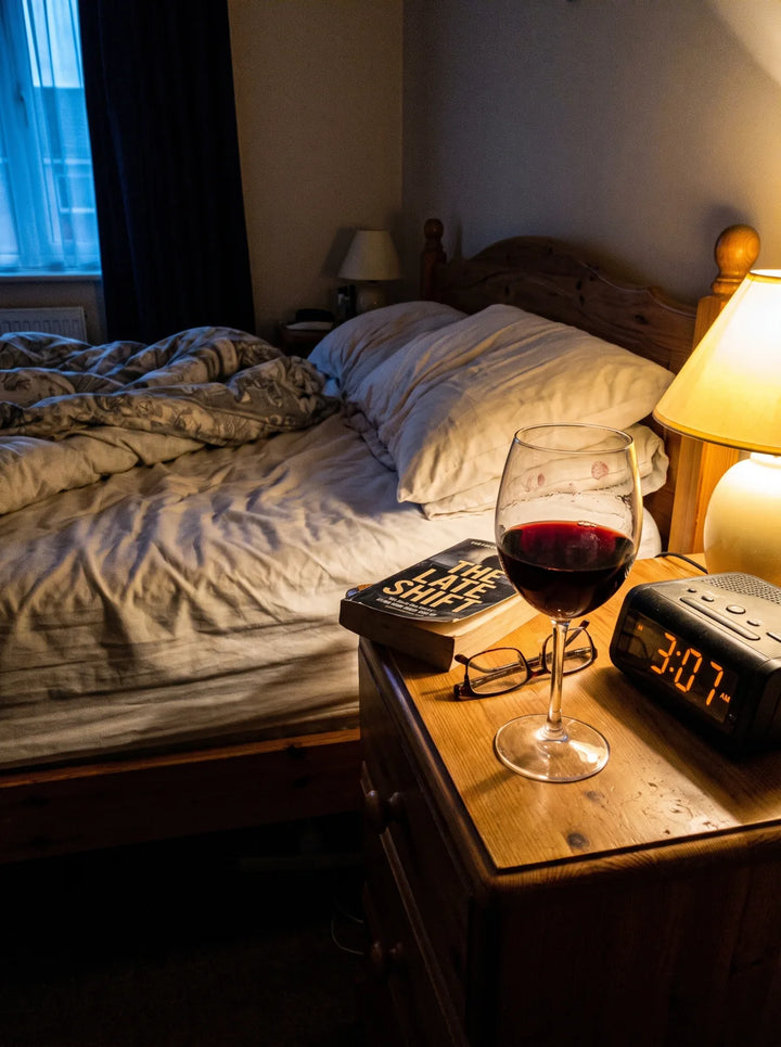 A glass of red wine beside a bed and a clock reading 3:07am