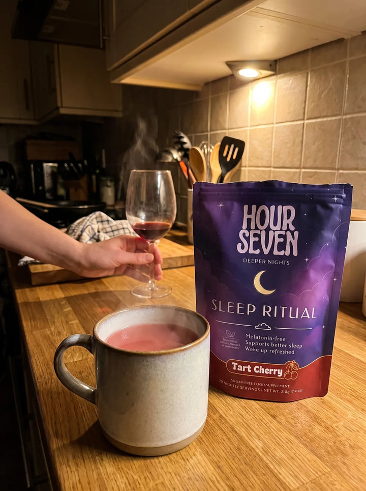 A glass of wine beside Hour Seven Sleep Ritual and a warm tart cherry drink