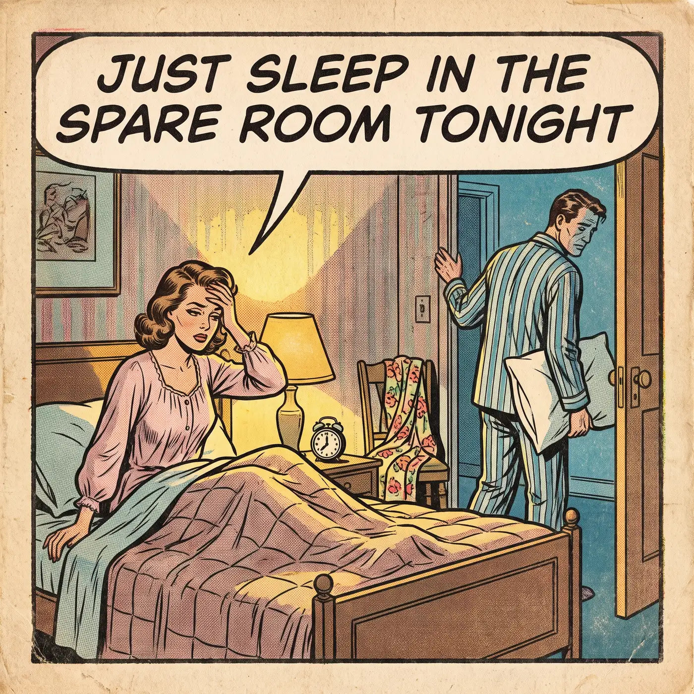 A vintage comic panel of a woman in bed telling her husband, pillow under his arm, to sleep in the spare room tonight
