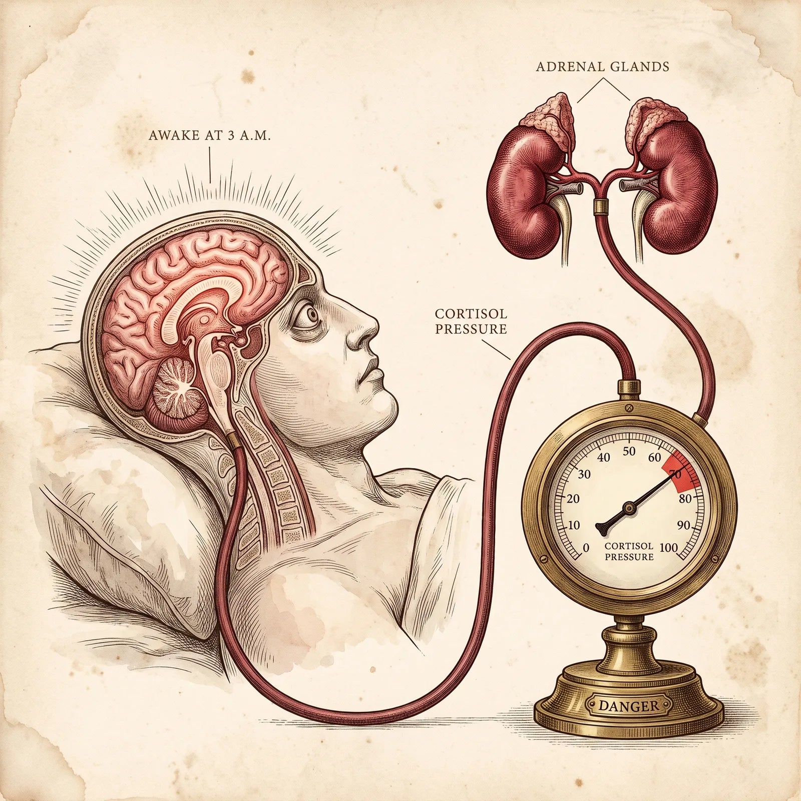 A vintage anatomical plate connecting a sleepless brain, the adrenal glands and a cortisol pressure gauge reading in the red